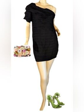 FUMBLIN' FOE ANTHROPOLOGIE BLACK TIERED ONE SHOULDER COCKTAIL DRESS NWT (M)